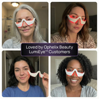 UGC-style collage of four happy customers using the Ophelix Beauty LumiEye™ eye care device at home, showing diverse women wearing or holding the white LumiEye device with a soft red LED glow around the under-eye area, with a central banner reading “Loved by Ophelix Beauty LumiEye™ Customers.”