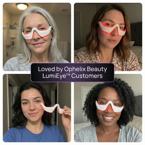 UGC-style collage of four happy customers using the Ophelix Beauty LumiEye™ eye care device at home, showing diverse women wearing or holding the white LumiEye device with a soft red LED glow around the under-eye area, with a central banner reading “Loved by Ophelix Beauty LumiEye™ Customers.”
