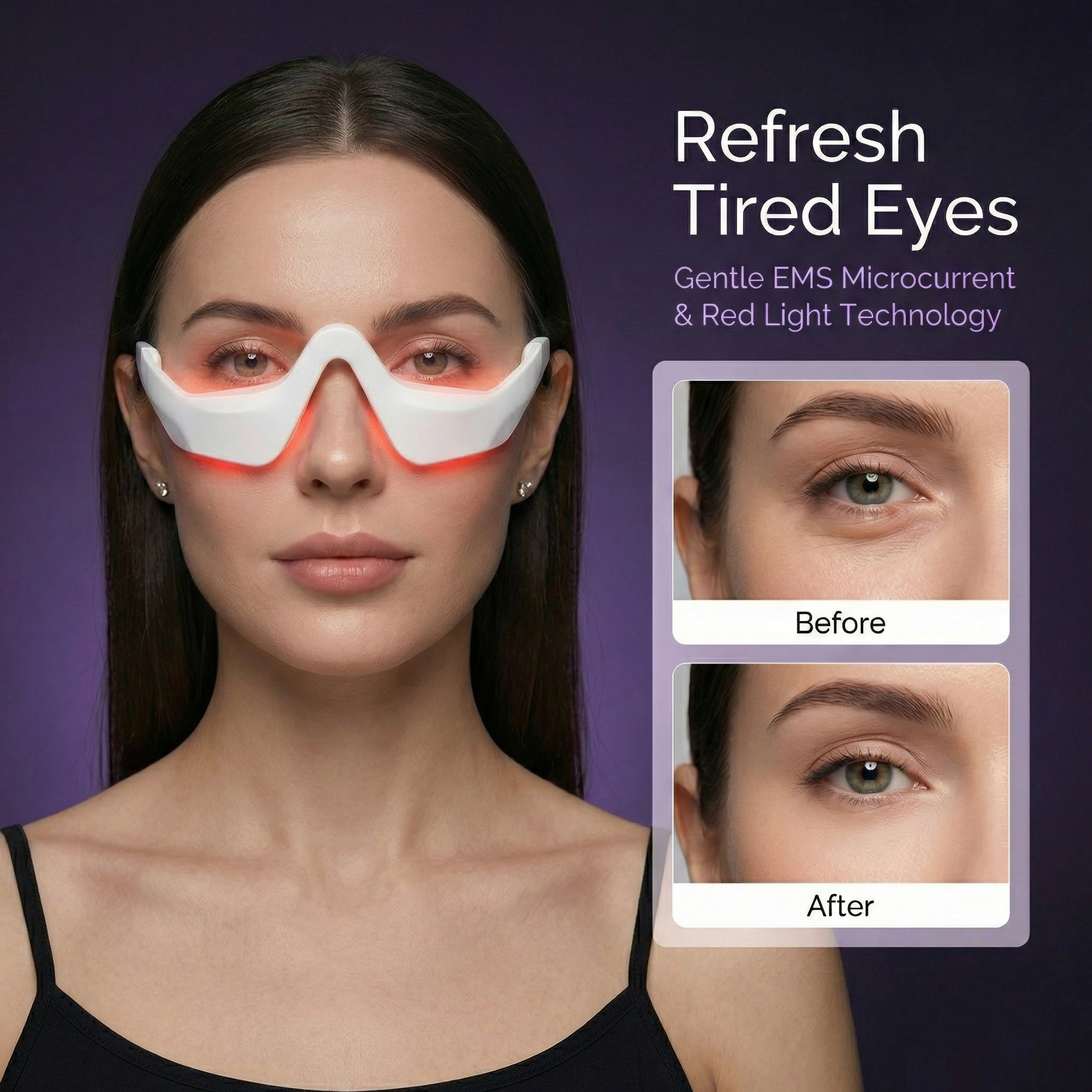 Picture of model using Ophelix LumiEye™ EMS Eye Rejuvenation Device with Red Light Therapy. Text reading 'refresh tired eyes' and example images of before and after using the device.