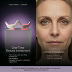 Split-screen promotional image for Ophelix Beauty LumiEye™. On the left, a white LumiEye eye care device rests on a pedestal with a soft red light glow against a purple background, alongside text reading “One-Time Beauty Investment” with non-invasive, at-home use benefits. On the right, a close-up portrait of a mature woman’s face represents clinical procedures, with text referencing invasive treatments, extended recovery time, and high cost commitment. A footer note states that LumiEye is designed to suppo