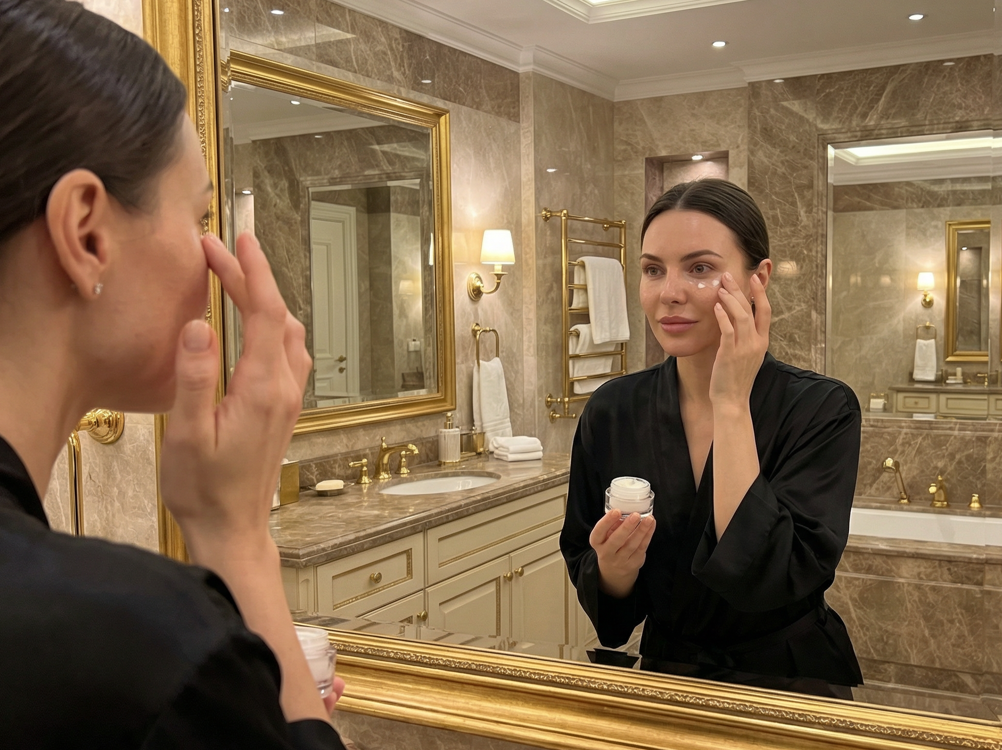 Woman applying cream in front of a large gold-framed mirror in a bathroom.
