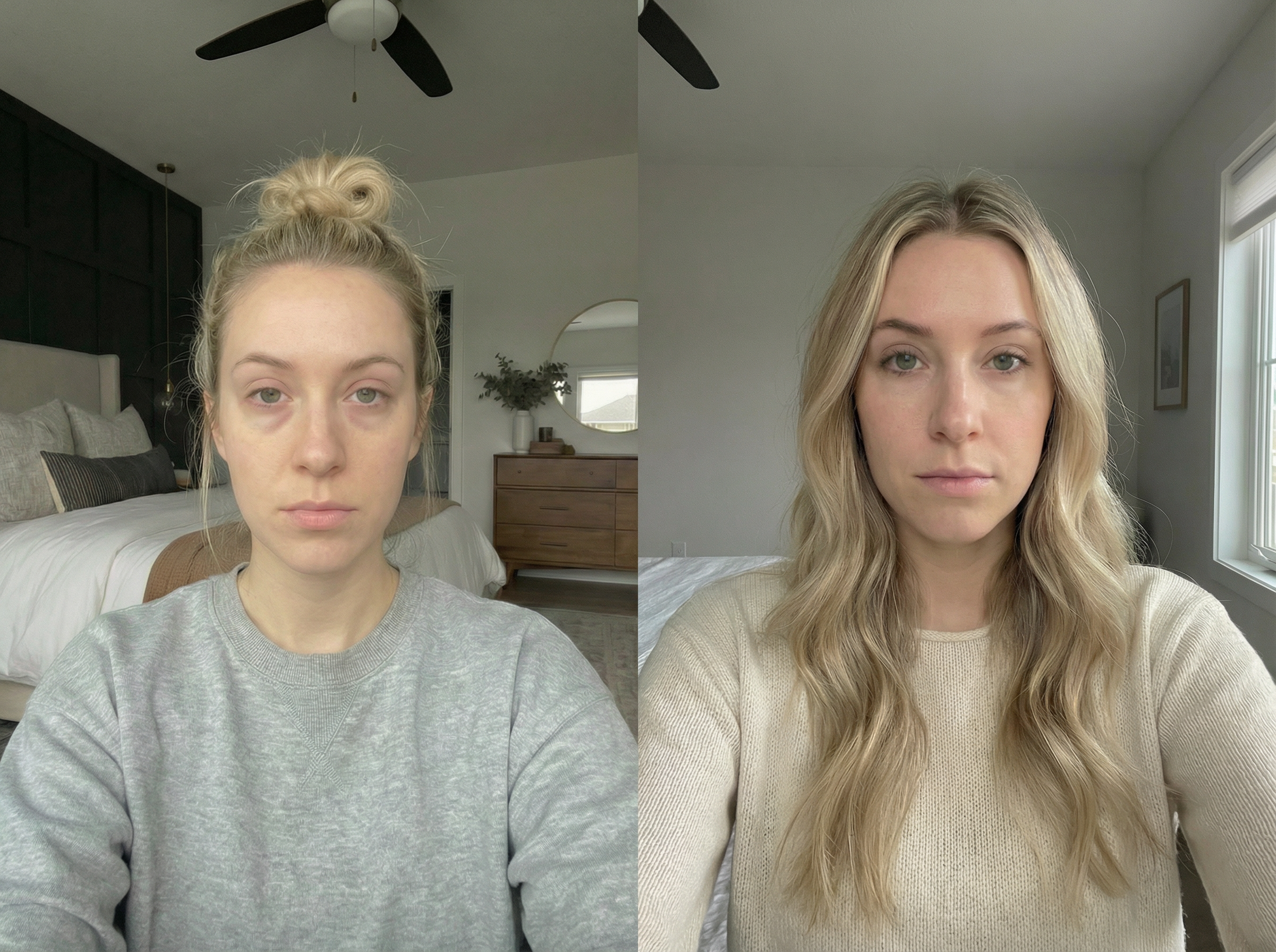 Before and after selfie of the same woman taken on different days at home, showing subtle, natural-looking improvements in the under-eye area, with a change in clothing, hair styling, and background lighting for authenticity.