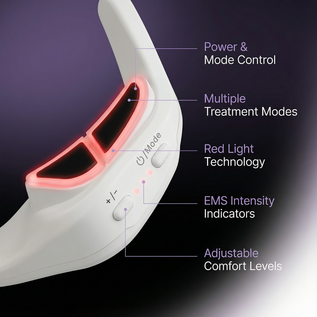 Close-up feature diagram of the Ophelix Beauty LumiEye™ eye care device showing power and mode control, multiple treatment modes, red light technology, EMS intensity indicators, and adjustable comfort level buttons on a sleek white device against a purple background.