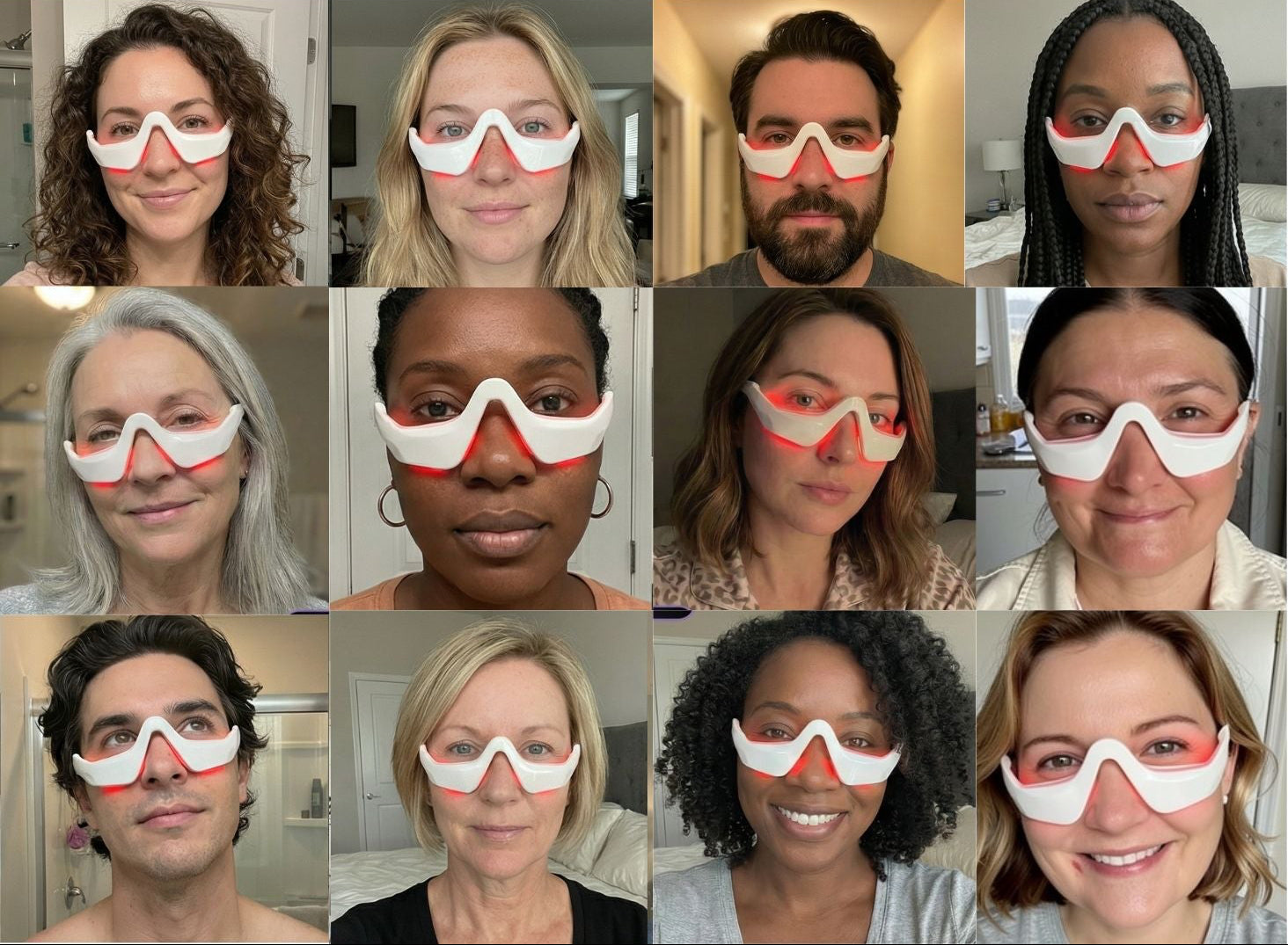 A collage of diverse real customers wearing the Ophelix Beauty LumiEye™ eye care device at home, shown in natural, unposed selfies with visible red LED light under the eyes, highlighting authentic everyday use across different ages, skin tones, and environments.
